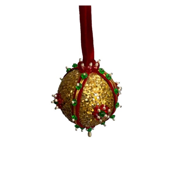 Vintage Gold Glittered Jeweled Handcrafted Ornament C1970's - Picture 3 of 4